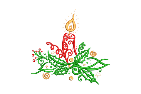 Red christmas candle with holly leaves and gold flame embroidery design, festive candle filigree with green holly and red berries