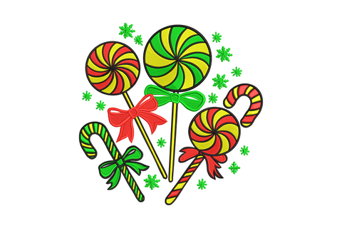 Festive Christmas candy machine embroidery design with pinwheel lollipops, striped candy canes and star accents in red, yellow and green, 4 colors