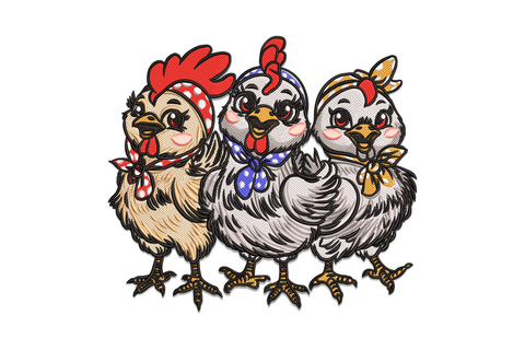 Festive Christmas chickens embroidery design with three cartoon hens wearing santa hats, 9 colours, expressive comic style.