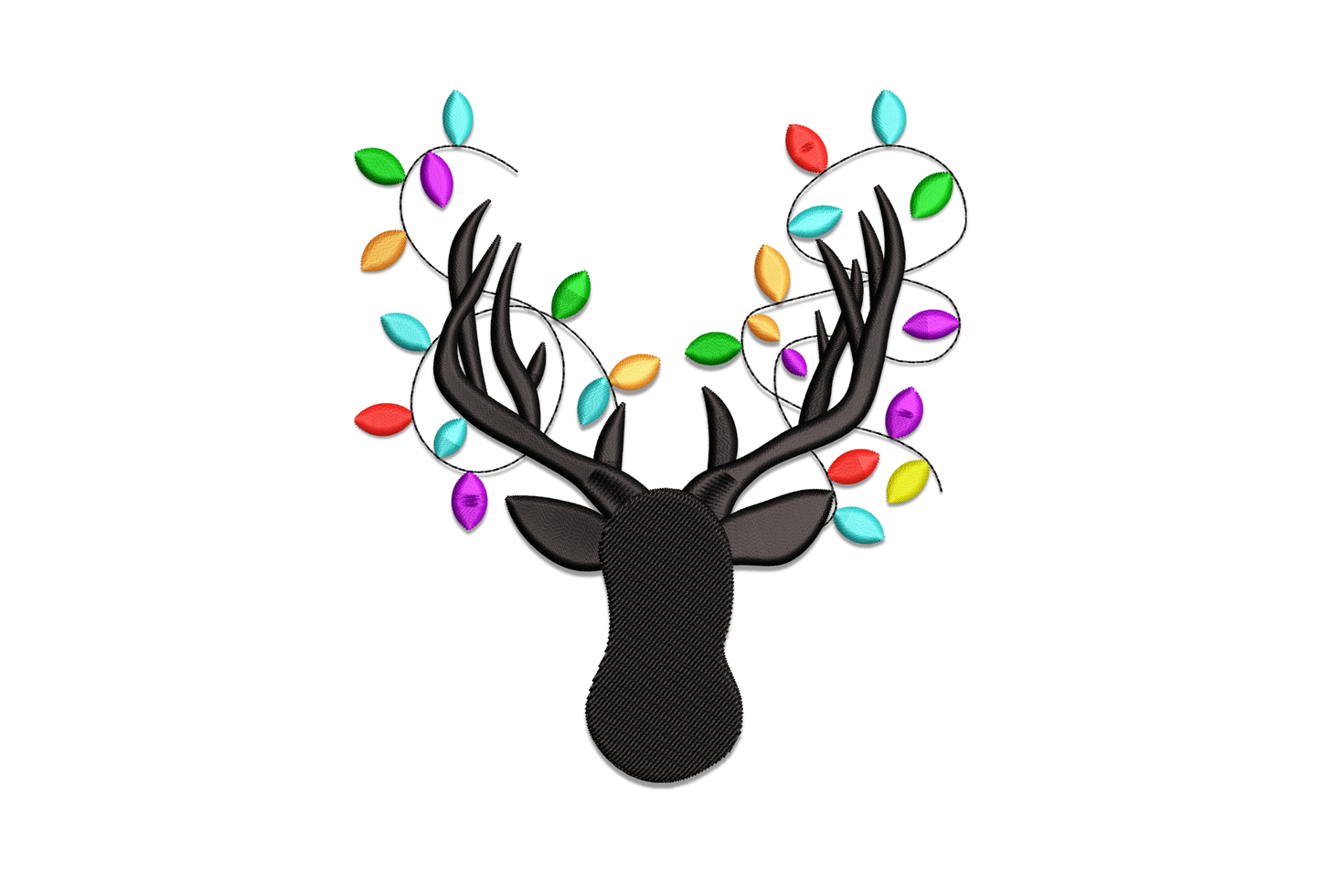 Festive Christmas deer head silhouette embroidery design with wide-spread antlers and teardrop fairy light bulbs in teal, green, orange, yellow, red and purple.