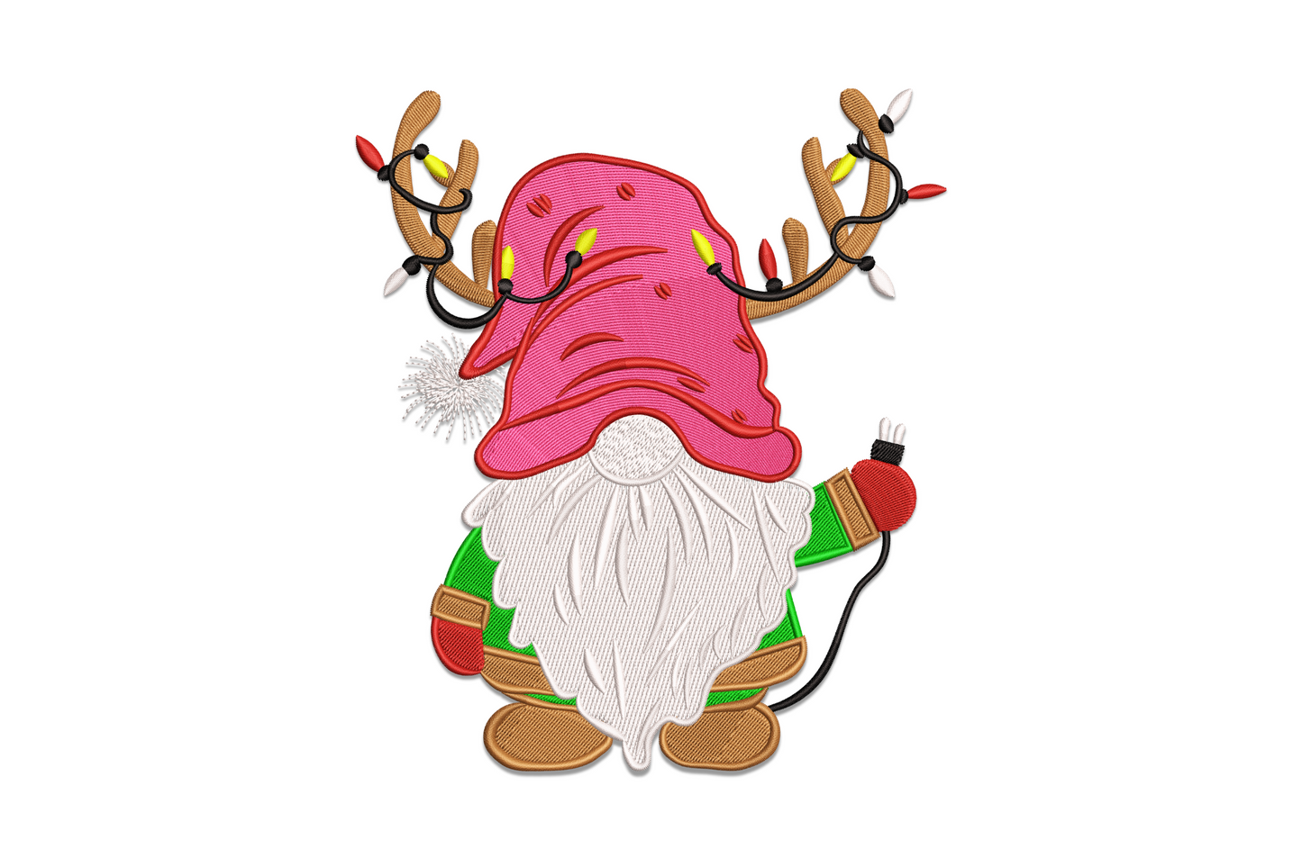 Christmas gnome embroidery design, pink slouchy hat, reindeer antlers tangled in bulb lights, white shaggy beard, red ornament.