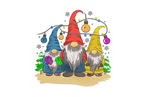 Three Christmas gnomes, blue red and gold hats, grey beards, string lights between them, pine trees flanking.