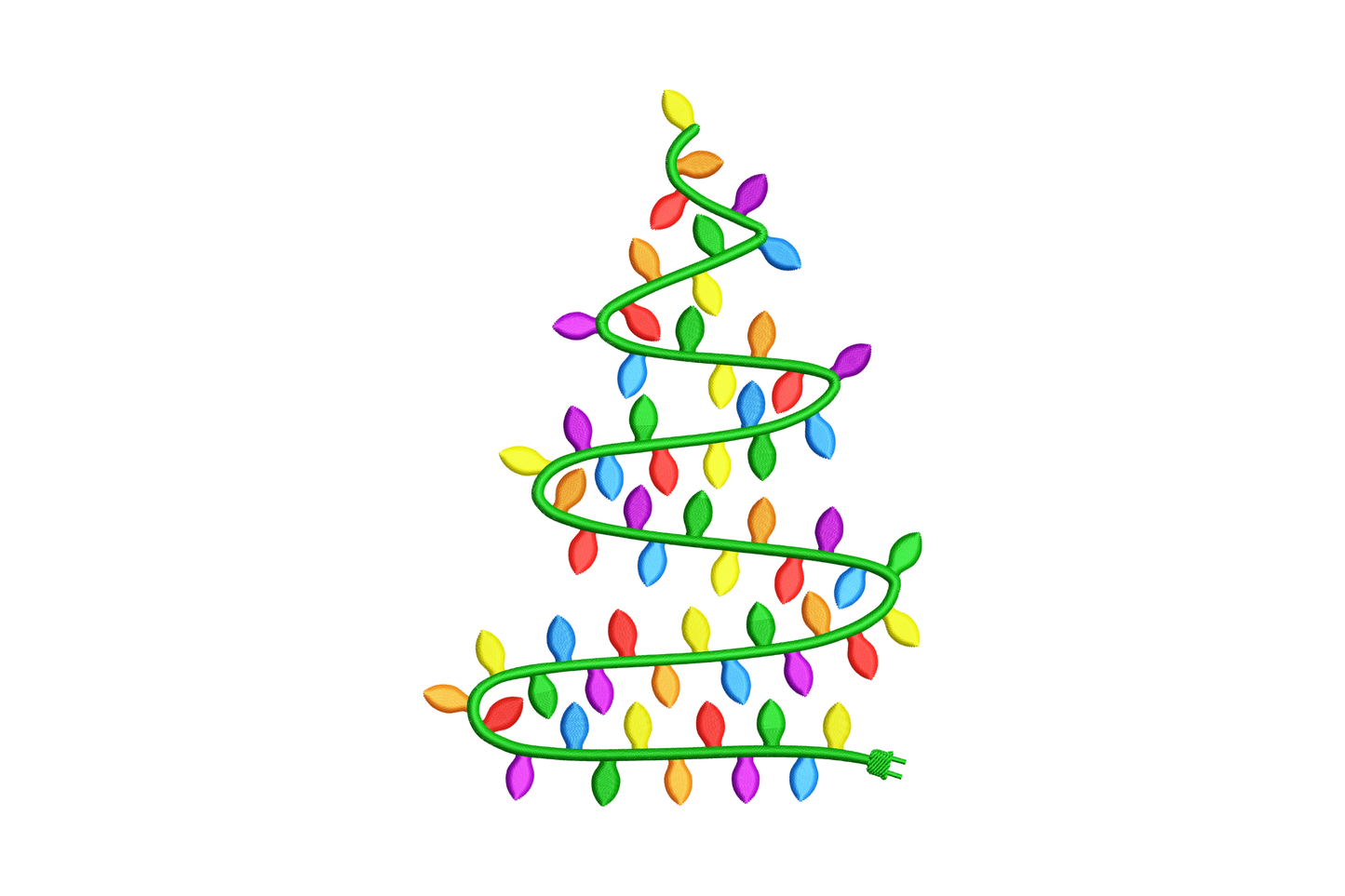 Festive christmas light tree embroidery design with kelly green branches and warm white round bulbs on cream canvas tote.