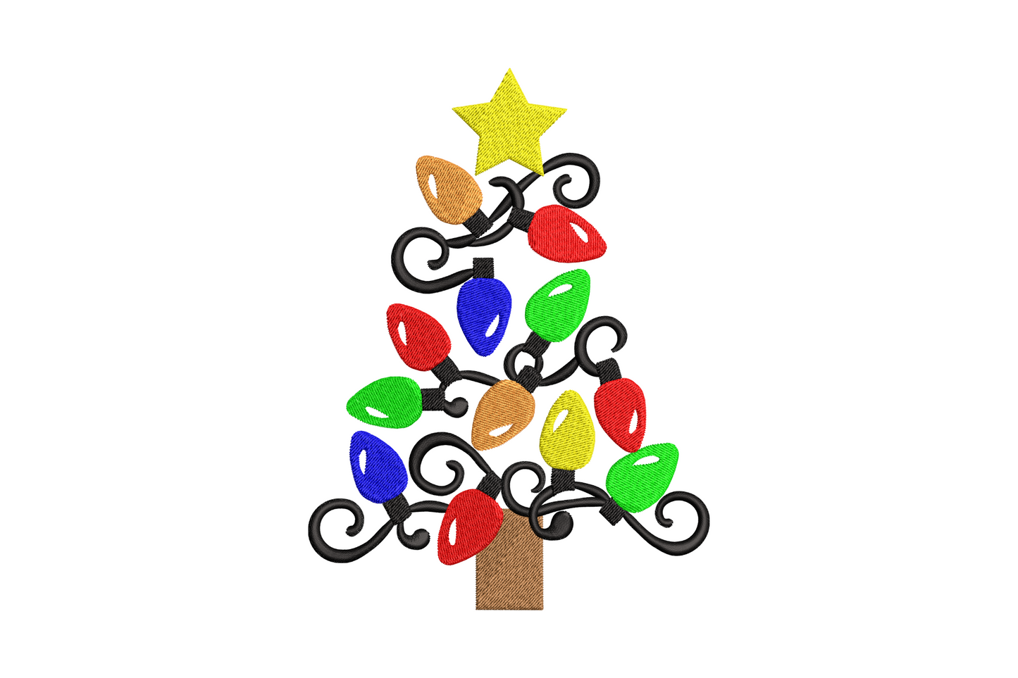 Christmas tree shape formed by looping string lights and seven-colour bulbs, holiday machine embroidery on dark fabric