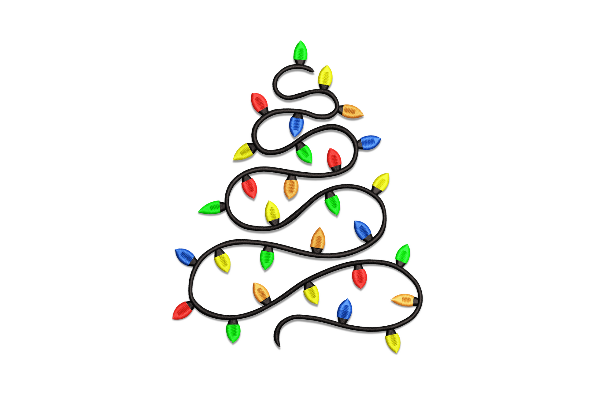 Festive Christmas lights tree embroidery design, green tree with multi-colour bulb lights and a star topper.