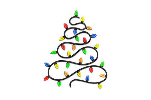 Festive Christmas lights tree embroidery design, green tree with multi-colour bulb lights and a star topper.