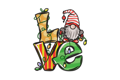 Christmas gnome LOVE embroidery design with four stripe-filled block letters, fairy lights woven through, and a gnome in a tall red and white hat perched on top.