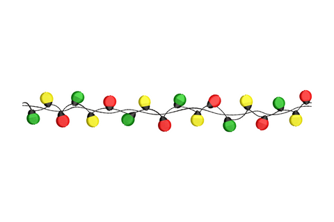 Festive Christmas mini string lights border embroidery, small round bulbs in red yellow green on black wire, slim horizontal trim