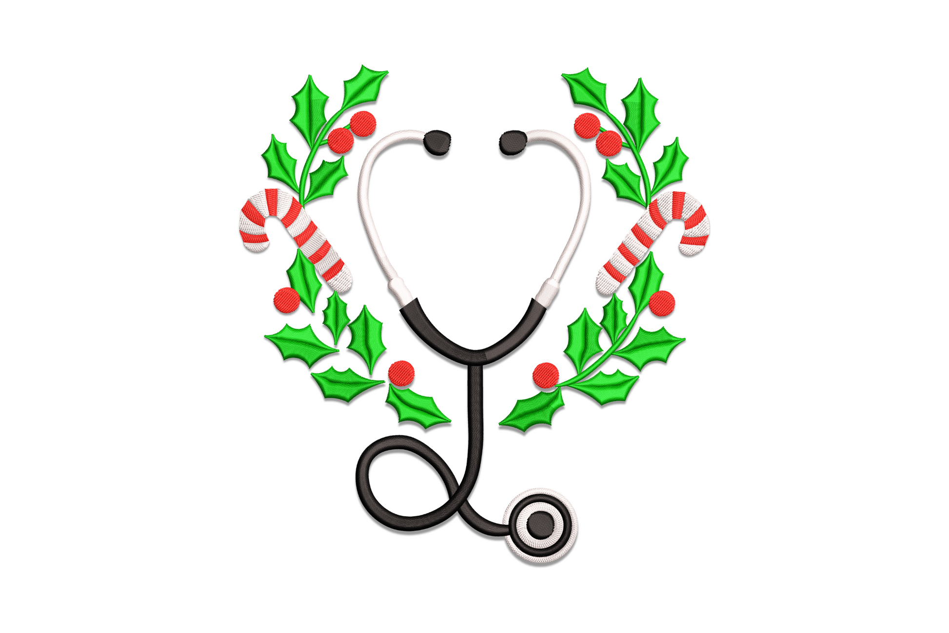 Christmas nurse embroidery design with black stethoscope, green holly wreath, red berries and small candy canes.