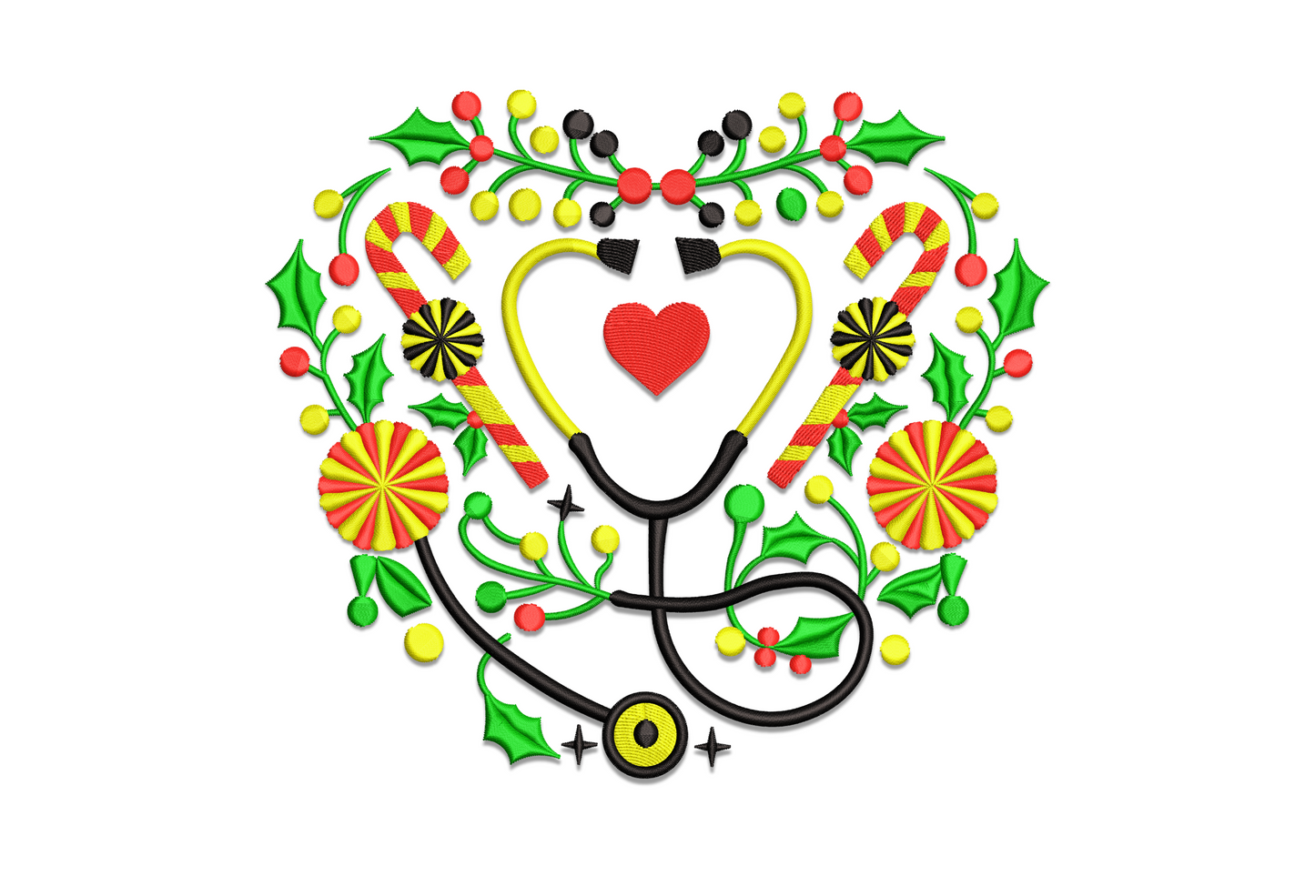 Christmas nurse embroidery design, yellow stethoscope heart framed by holly wreath, candy canes and red berries on white.