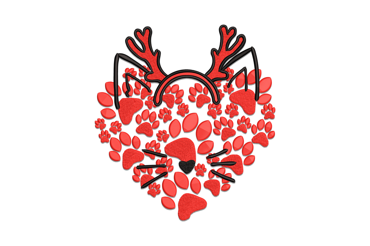 Red paw print heart embroidery with cat ears and reindeer antlers, black outlines and whisker details