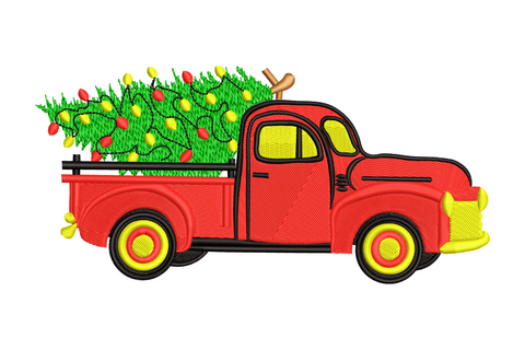 Festive red Christmas truck with tree in bed embroidery design, 6 colours vintage holiday truck, 5 sizes instant download
