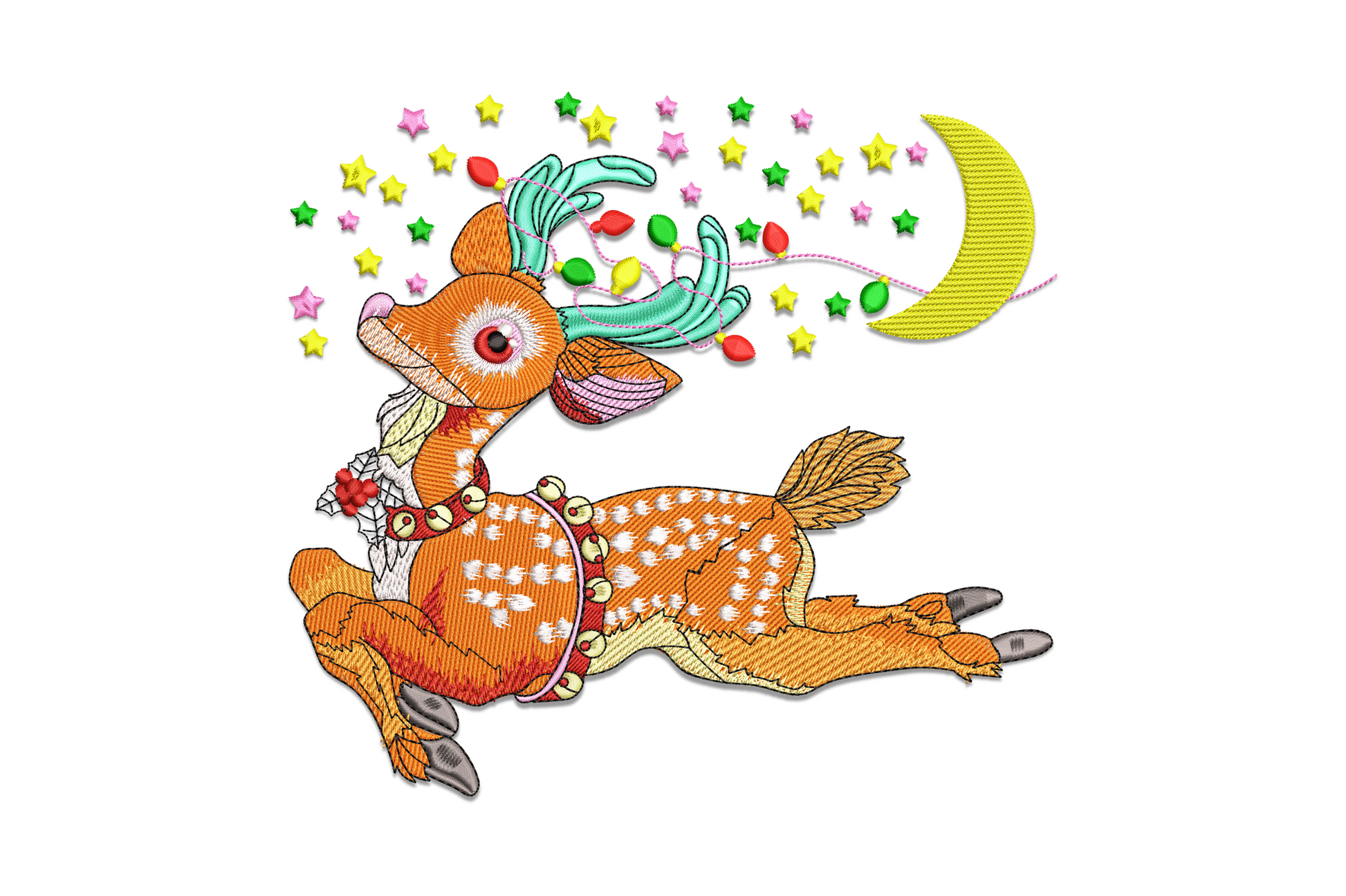 Festive Christmas reindeer embroidery, mid-flight leaping reindeer with teal antlers, coloured stars and gold crescent moon.