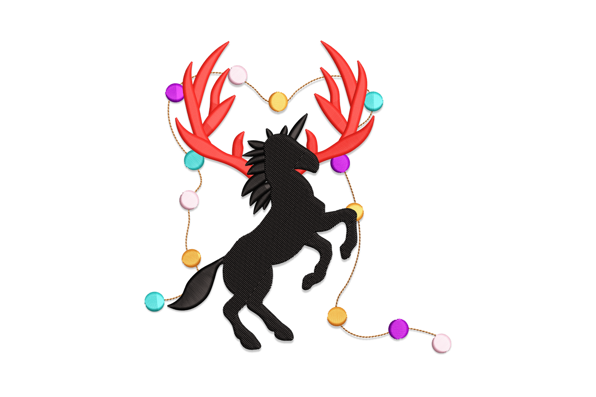 Reindeer silhouette embroidery design with black body, red antlers and looping ornament garland in teal, lilac and gold.
