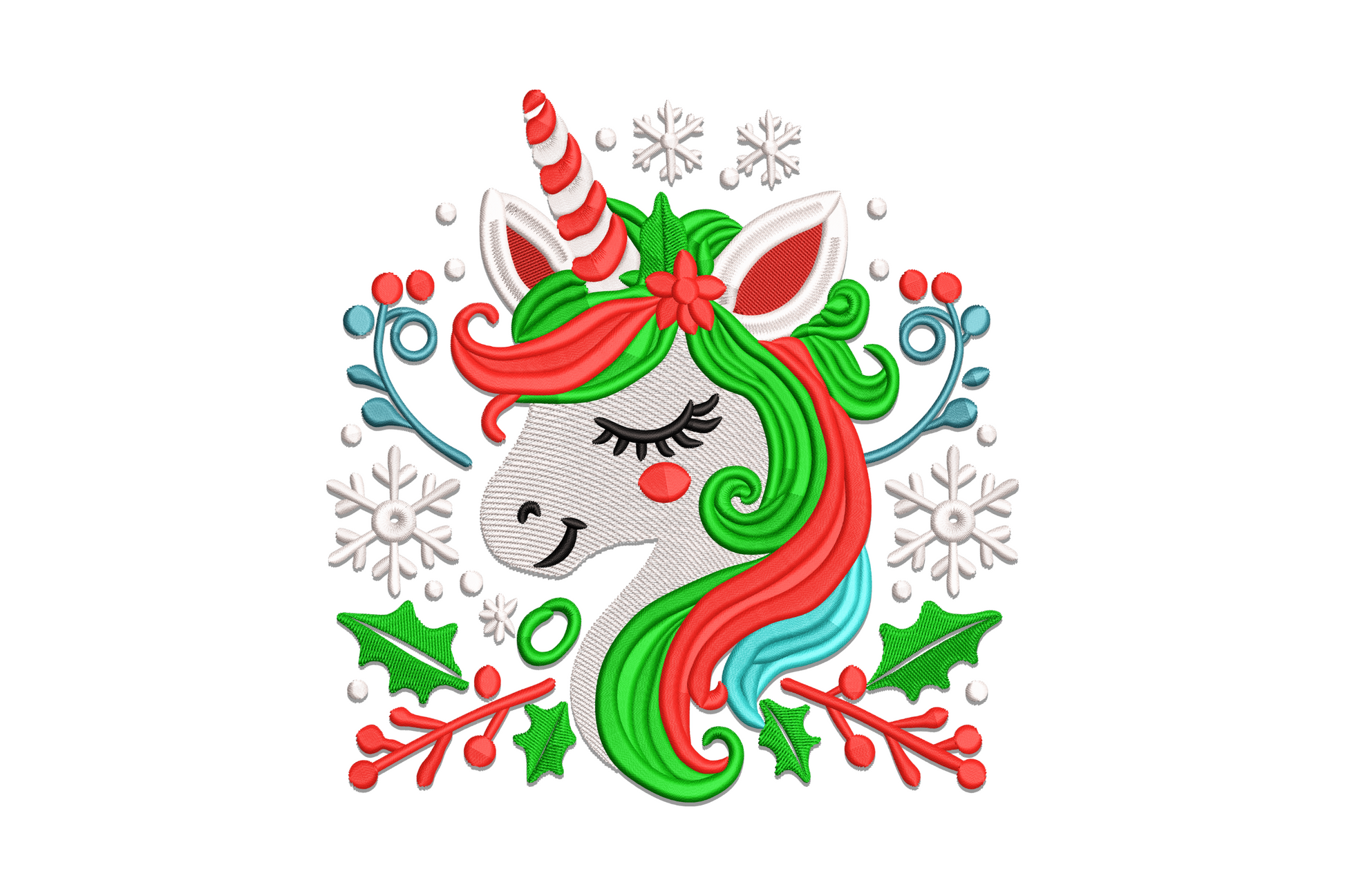 Festive Christmas unicorn embroidery design, pearl white body with rainbow mane, crimson santa hat and holiday stars.