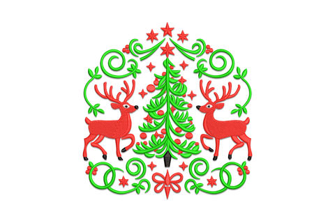 Christmas reindeer pair embroidery design, two red folk art reindeer flanking a green tree in scrollwork frame with stars