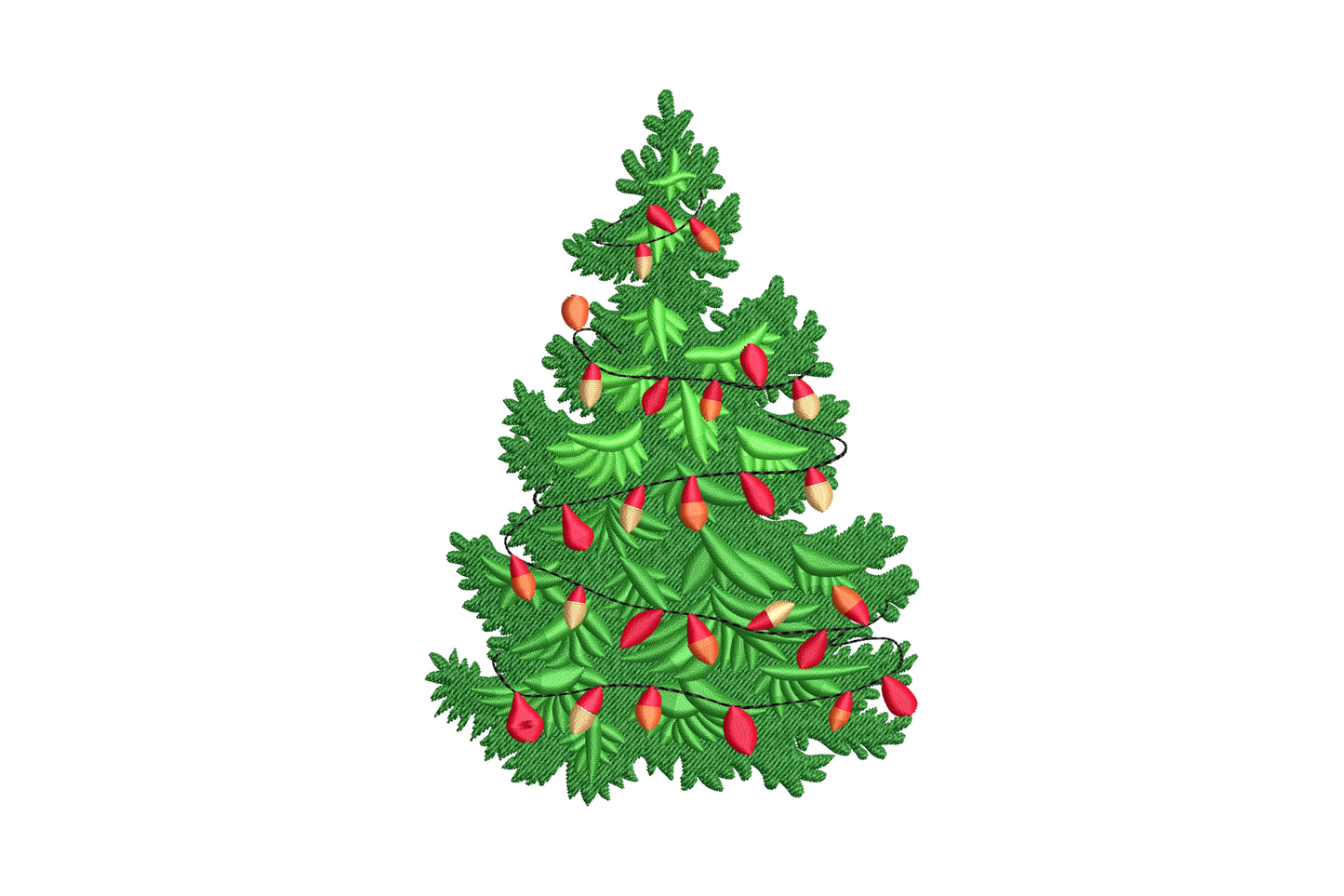 Festive decorated Christmas tree embroidery with red and gold ornament bulbs and light garlands in seven thread colours on white