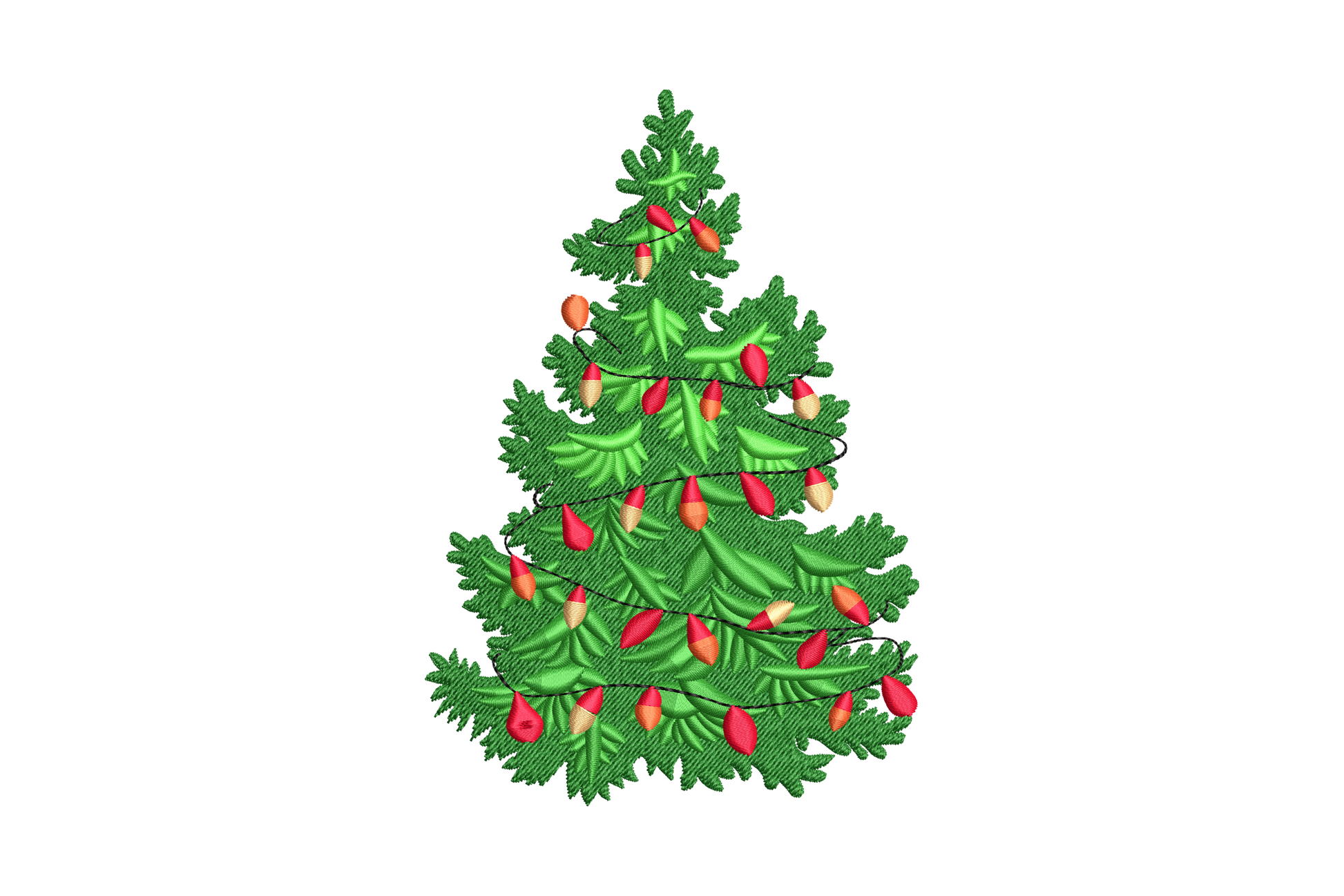 Festive decorated Christmas tree embroidery with red and gold ornament bulbs and light garlands in seven thread colours on white