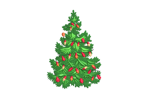 Festive decorated Christmas tree embroidery with red and gold ornament bulbs and light garlands in seven thread colours on white