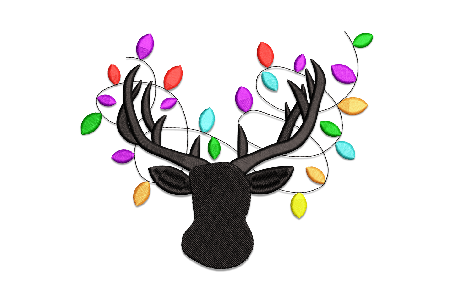 Black deer silhouette with colourful oval Christmas lights on antlers, one light drooping low on the right.