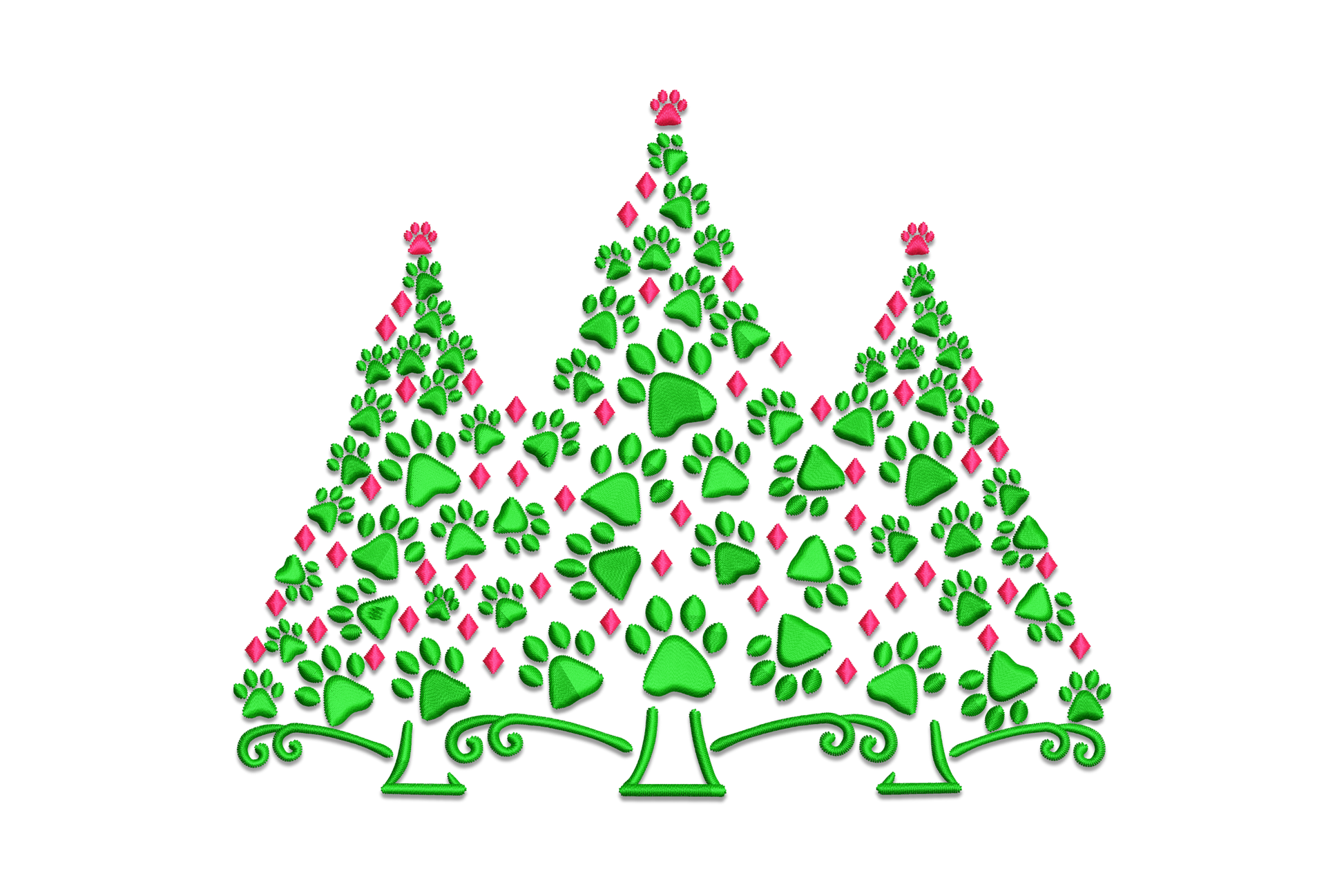 Three Christmas trees made from dog paw prints, pink-red diamond ornaments, scroll bases, 2-color green and red embroidery