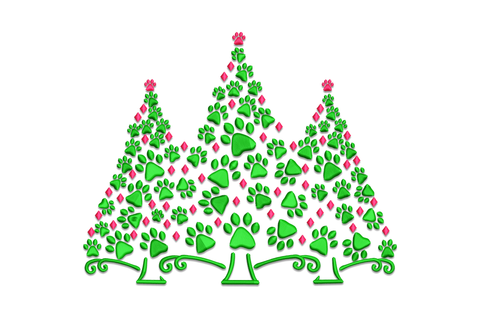 Three Christmas trees made from dog paw prints, pink-red diamond ornaments, scroll bases, 2-color green and red embroidery