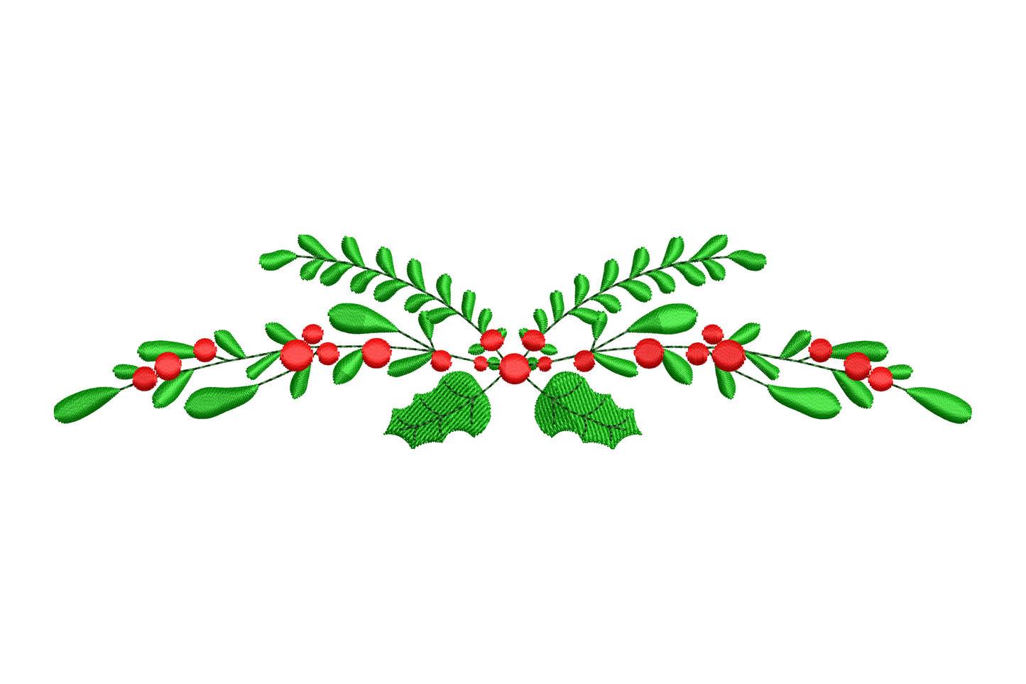 Festive evergreen swag holiday border embroidery in two-tone forest green with gold highlights, 5 sizes from 3.5 to 7.51 inches tall
