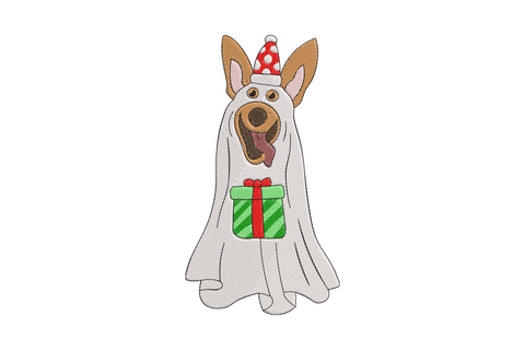 Ghost dog Christmas embroidery surrounded by baubles, string lights and ornaments, nine colour festive holiday design