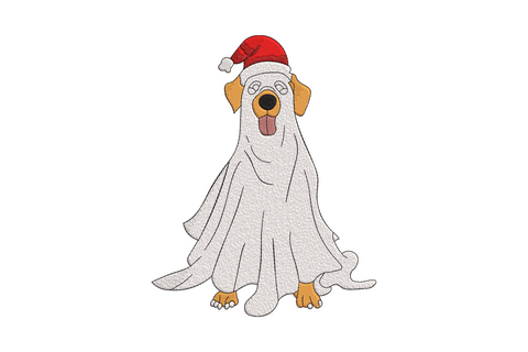 Ghost dog embroidery in Santa hat with rosy cheeks and green collar, six colour Christmas holiday design on white background