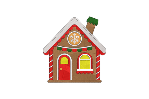 Gingerbread house with a snowflake on the roof against a white background