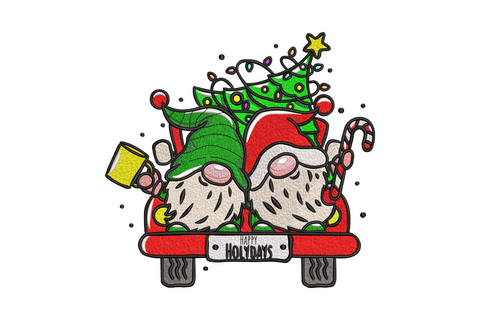 Gnome driving a vintage red flatbed truck with a christmas tree in the back, whimsical holiday embroidery design in 14 colours