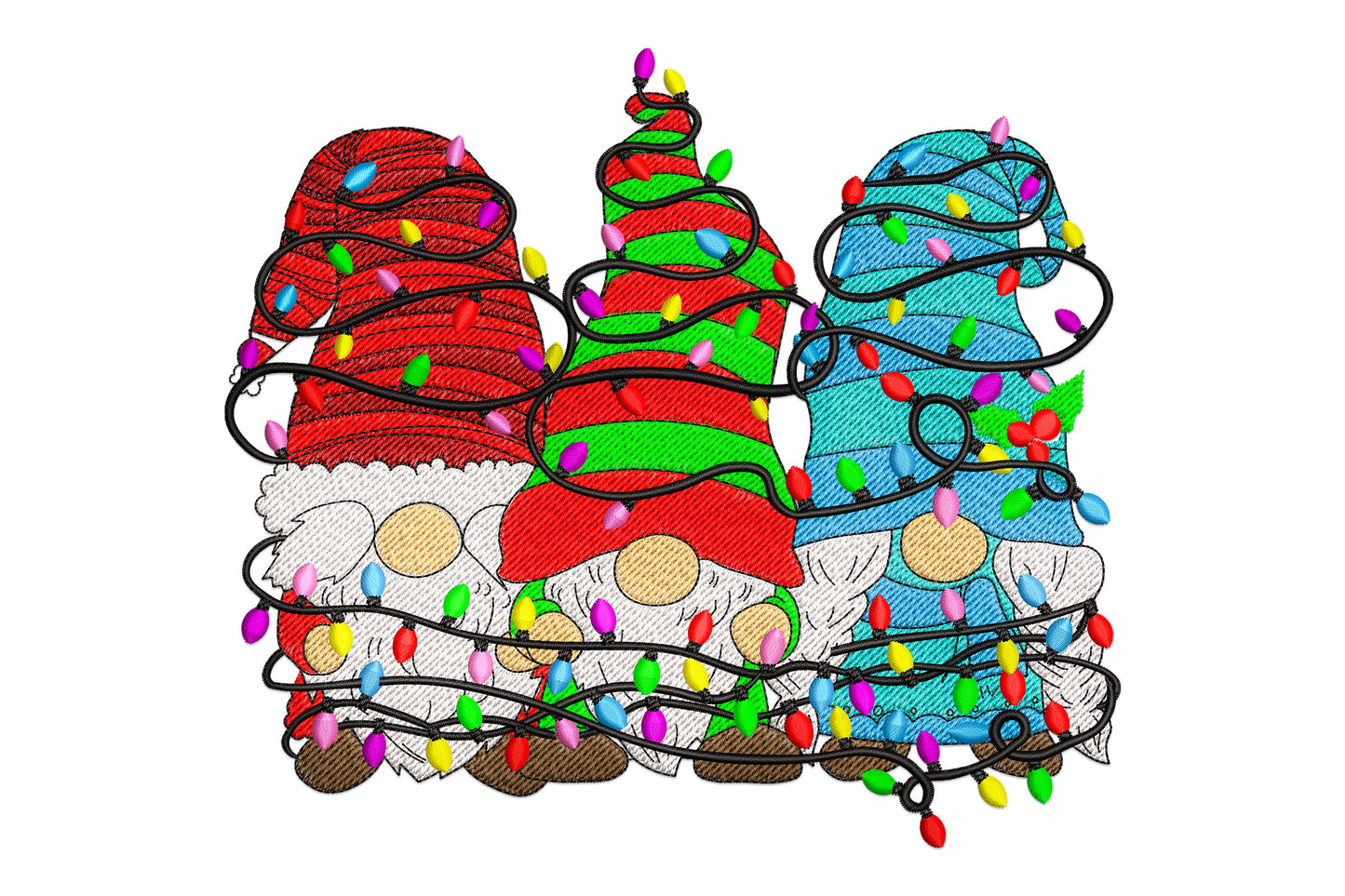 Festive gnomes embroidery, three gnomes in red, green and aqua hats tangled in multicolour string lights.
