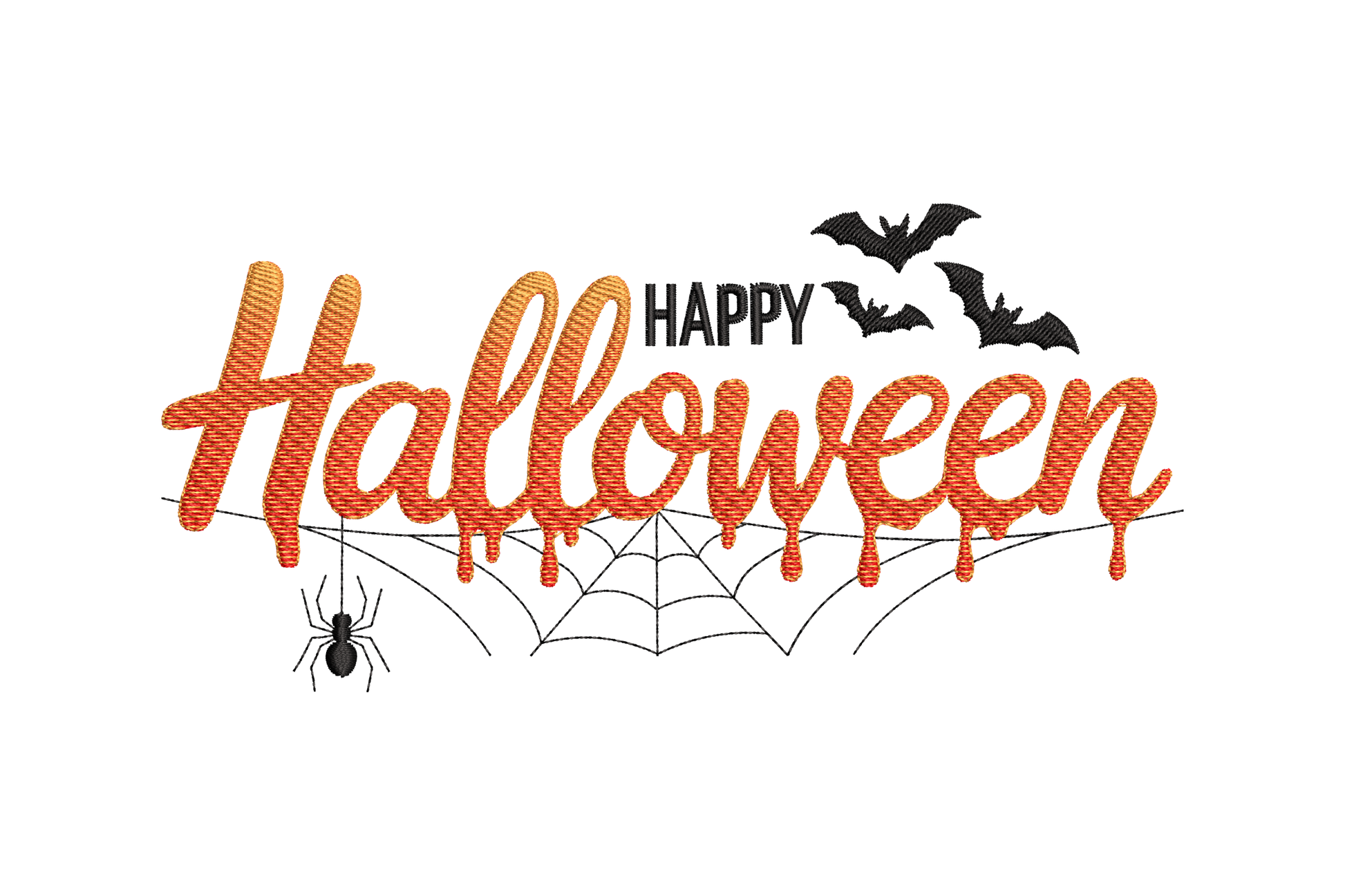 Happy Halloween text with orange letters, black bats, spider, and web embroidery design