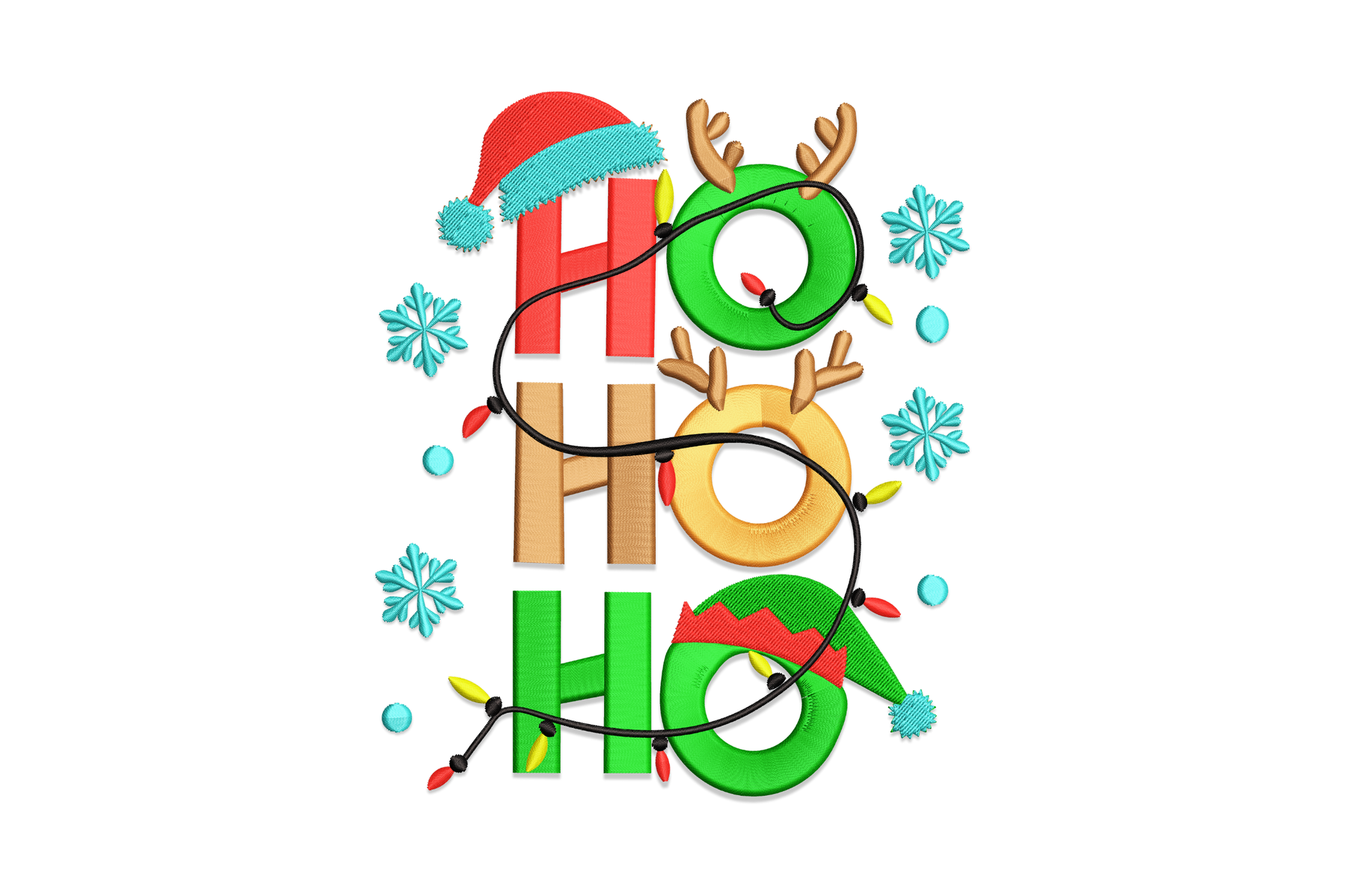 Ho Ho Ho embroidery, stacked block letters, Santa hat top, antlers middle, elf hat bottom, string lights and snowflakes.