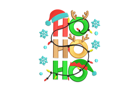 Ho Ho Ho embroidery, stacked block letters, Santa hat top, antlers middle, elf hat bottom, string lights and snowflakes.