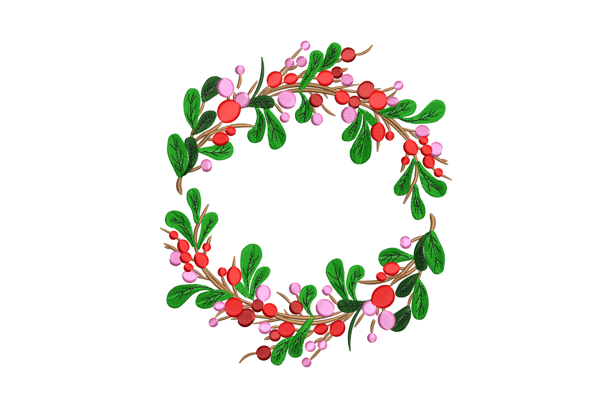 Festive holiday floral circle embroidery wreath in forest green, deep red, blush pink and coral botanical flowers on cream.