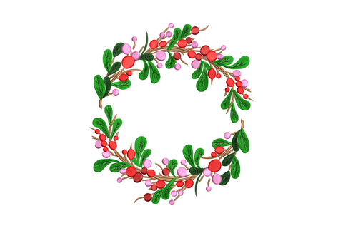 Festive holiday floral circle embroidery wreath in forest green, deep red, blush pink and coral botanical flowers on cream.