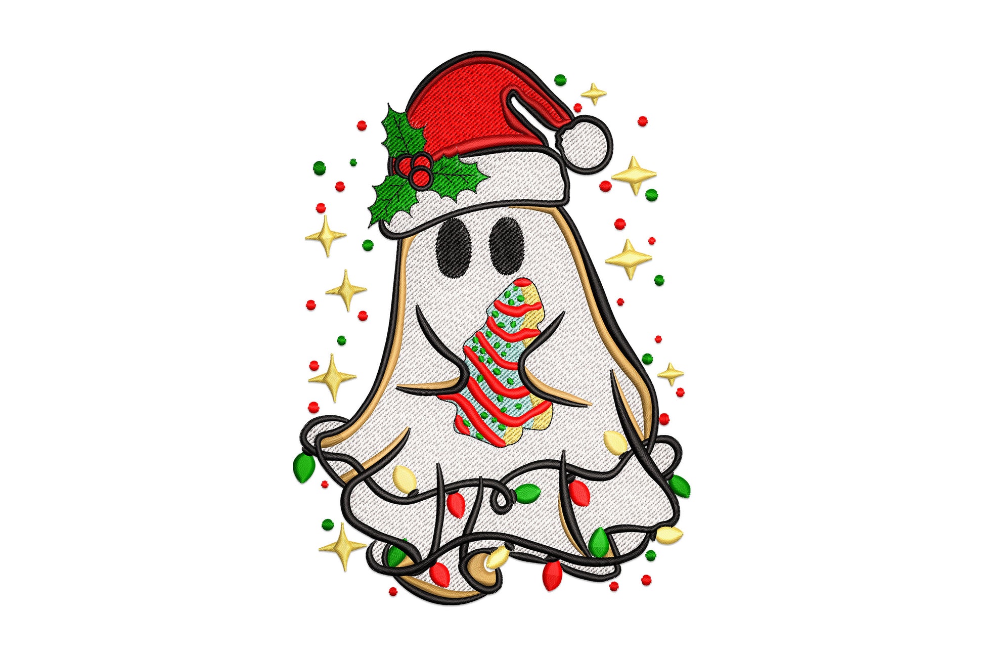Festive holiday ghost embroidery design with Santa hat, Christmas lights, gift and stars in red, green and cream on white.