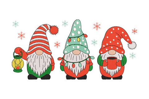 Three christmas gnomes in red striped and green dotted hats holding lantern lights and cocoa mug, snowflake accents, festive embroidery design