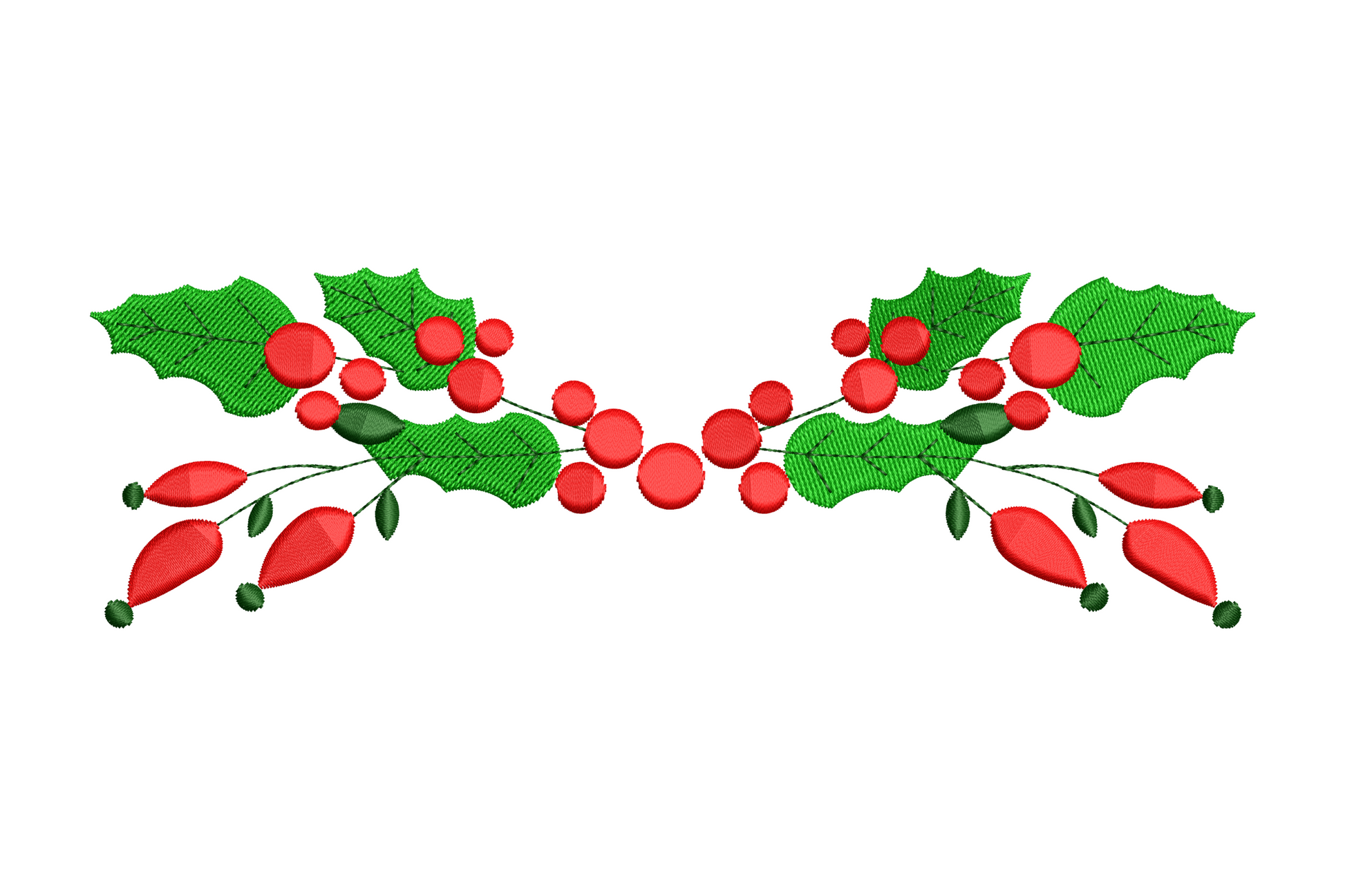 Festive holiday holly leaves and berries embroidery design in Christmas green and red, 4 sizes from 3.49 to 6.5 inches tall