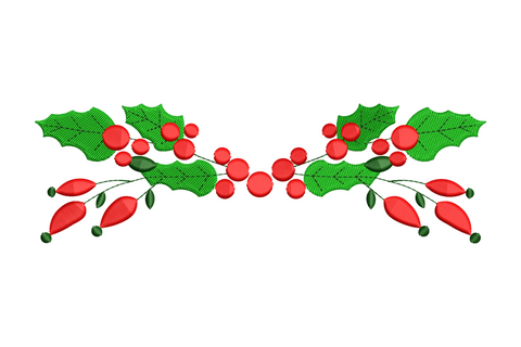 Festive holiday holly leaves and berries embroidery design in Christmas green and red, 4 sizes from 3.49 to 6.5 inches tall