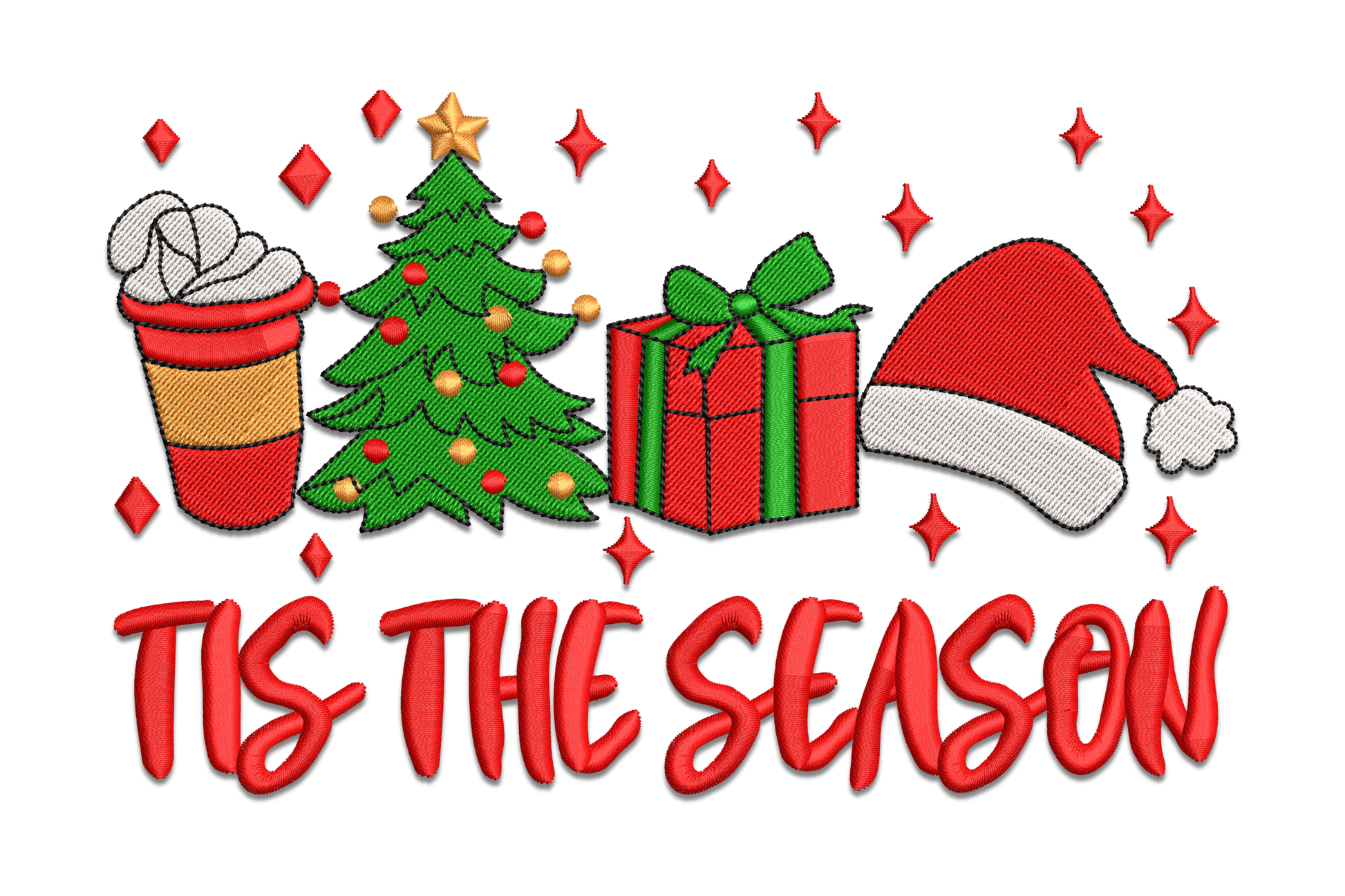 Red christmas lettering with holiday icons showing tree, coffee cup, gift box and Santa hat, 5 colour festive design