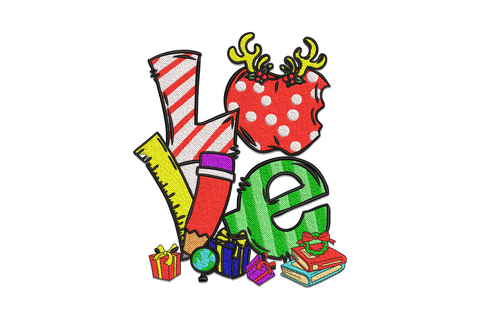 Holiday LOVE embroidery: candy stripe L, reindeer ornament O, ruler-pencil V, green E, wrapped gifts and books at base