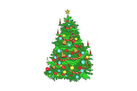 Decorated christmas tree embroidery with red, aqua and gold baubles, candles, bells and gold star topper on a two-tone green tree.