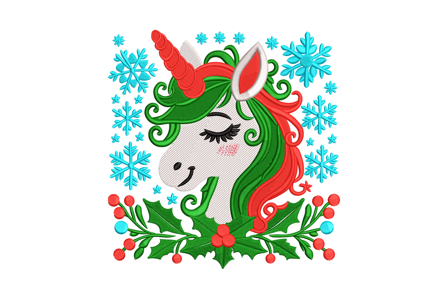 Holiday unicorn embroidery design with snowflakes, green mane, red horn, holly base, open composition, 7 colors