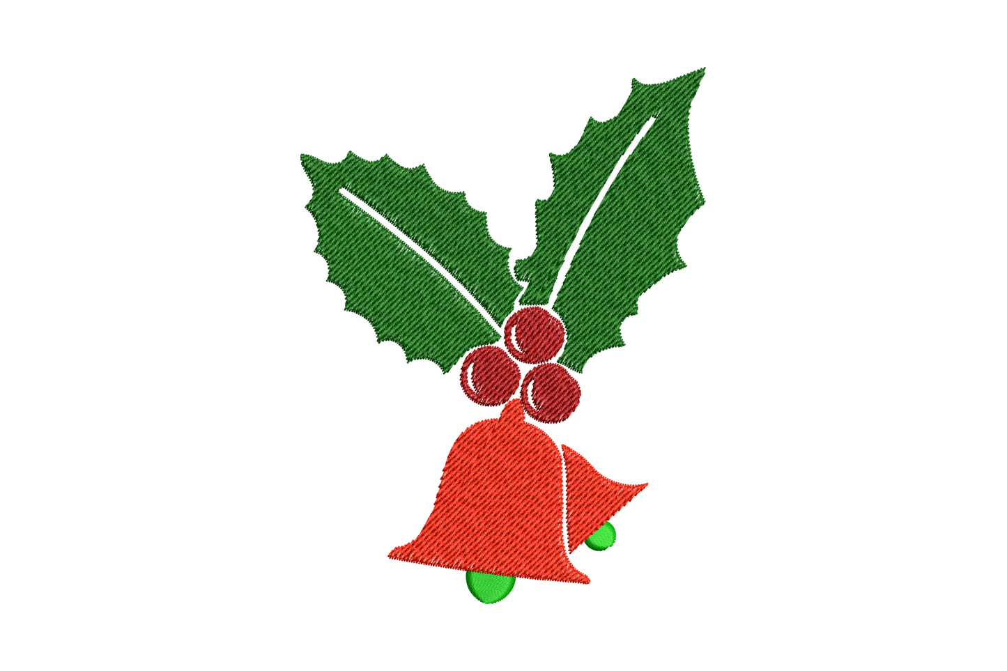 Festive holly and bell christmas embroidery design with green leaves, red berries and gold bell, 4 colors, 4 sizes from 2.5 to 5.5 inches