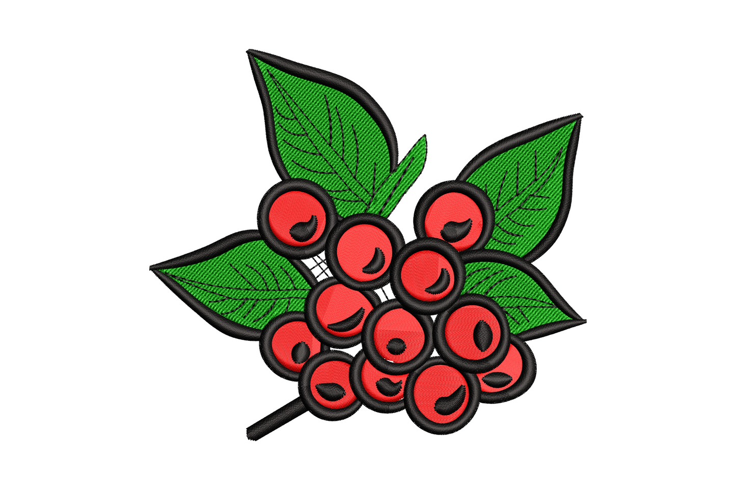 Dense holly berry cluster embroidery design with 13 red berries, three veined green leaves, thick black outline