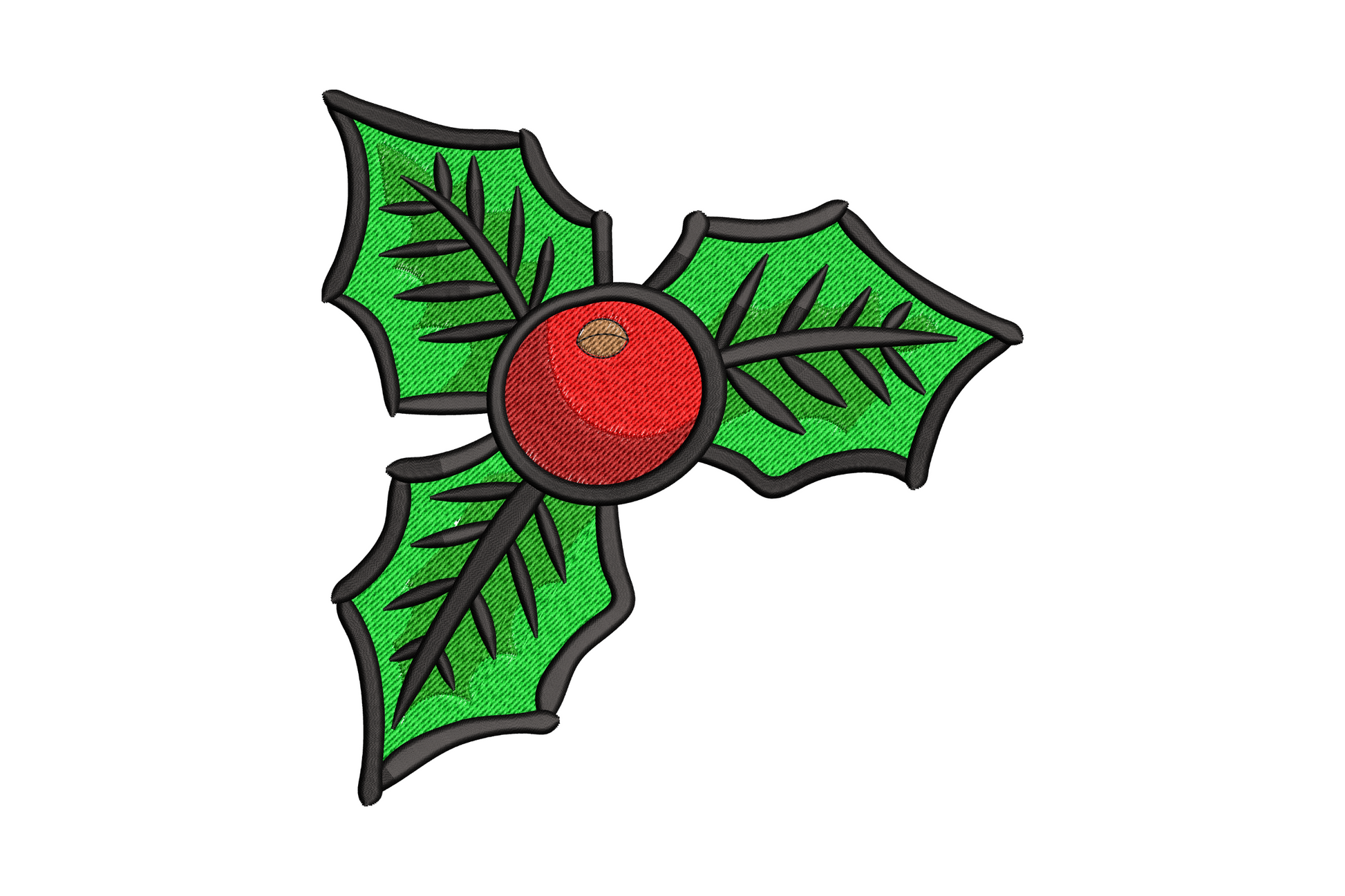 Three holly leaves with single red berry christmas embroidery, two-tone green fill and black veins, 7 sizes