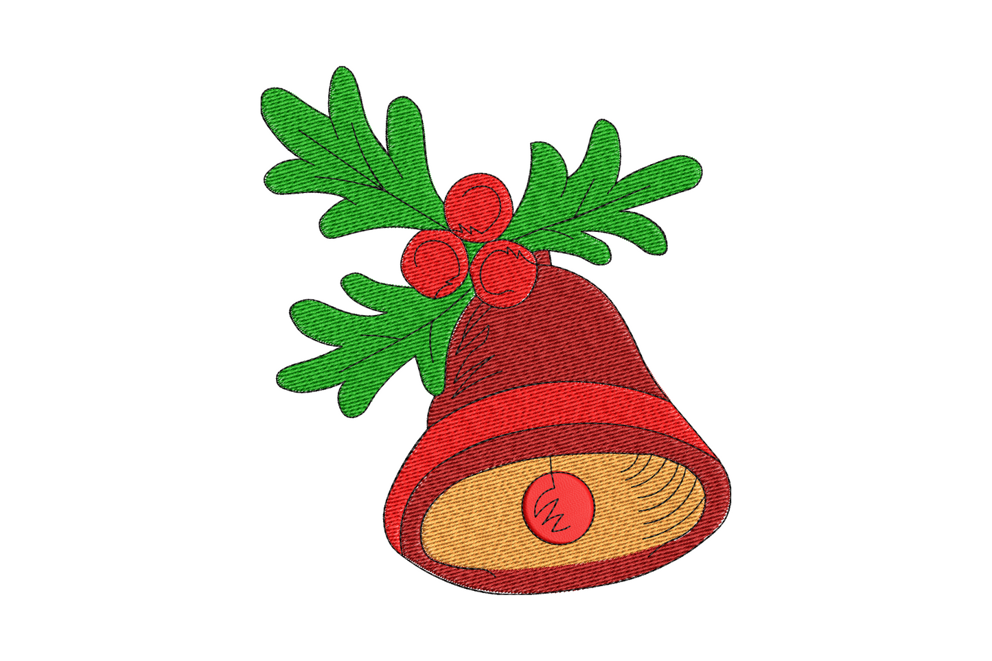 Christmas bell with orange-gold body, red rim, dark green holly leaves and berries, 5 colors, 4 sizes