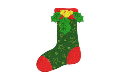 Green christmas stocking with scattered gold stars, red cuff, holly leaves and berries, 5 colors, 4 sizes